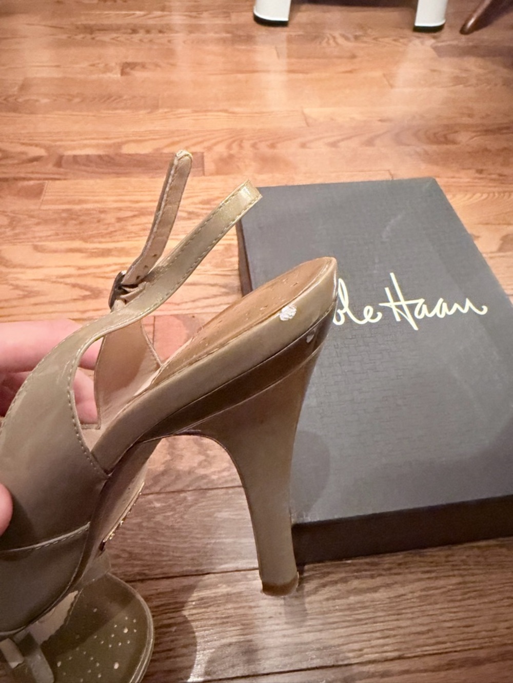 Cole Haan Taupe Patent Leather Peep-Toe Slingback Sandals - Picture 5 of 5